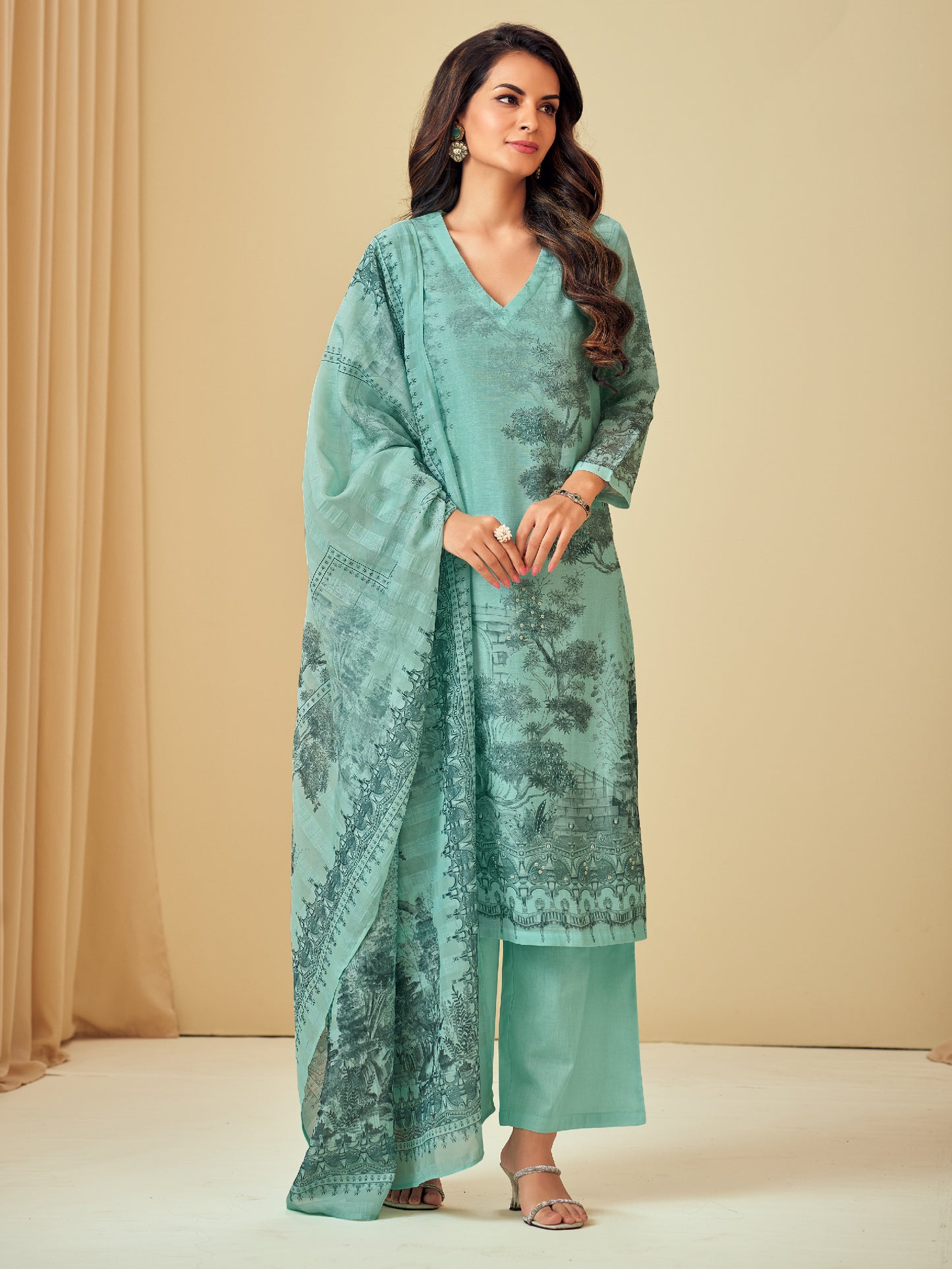 NISHIKA TEAL BLUE Pure Linen Unstitched  Set with Elegant Handwork & Embroidery
