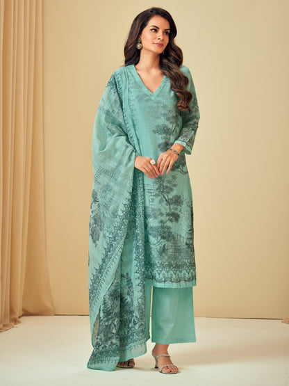 NISHIKA TEAL BLUE Pure Linen Unstitched  Set with Elegant Handwork & Embroidery