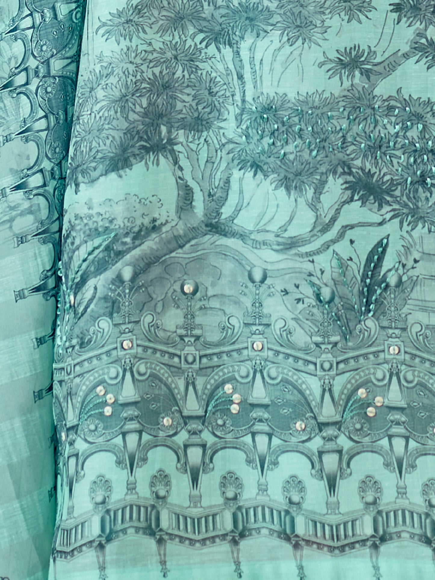 NISHIKA TEAL BLUE Pure Linen Unstitched  Set with Elegant Handwork & Embroidery