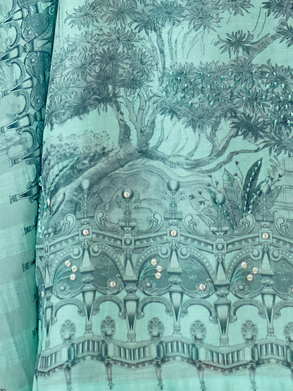 NISHIKA TEAL BLUE Pure Linen Unstitched  Set with Elegant Handwork & Embroidery