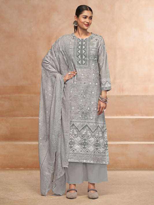 YASHLEEN GREY Pure Cotton Suit Set with Elegant Handwork