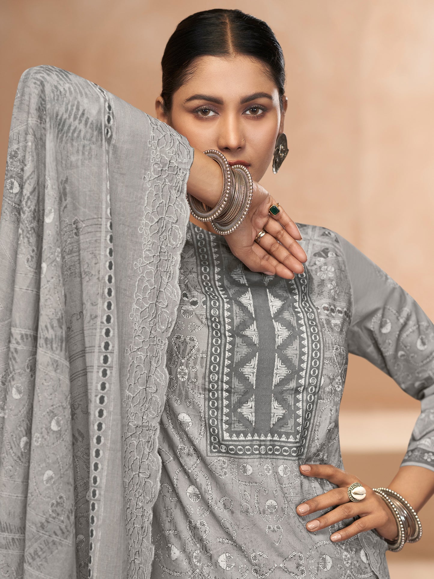 YASHLEEN GREY Pure Cotton Unstitched Set with Elegant Handwork