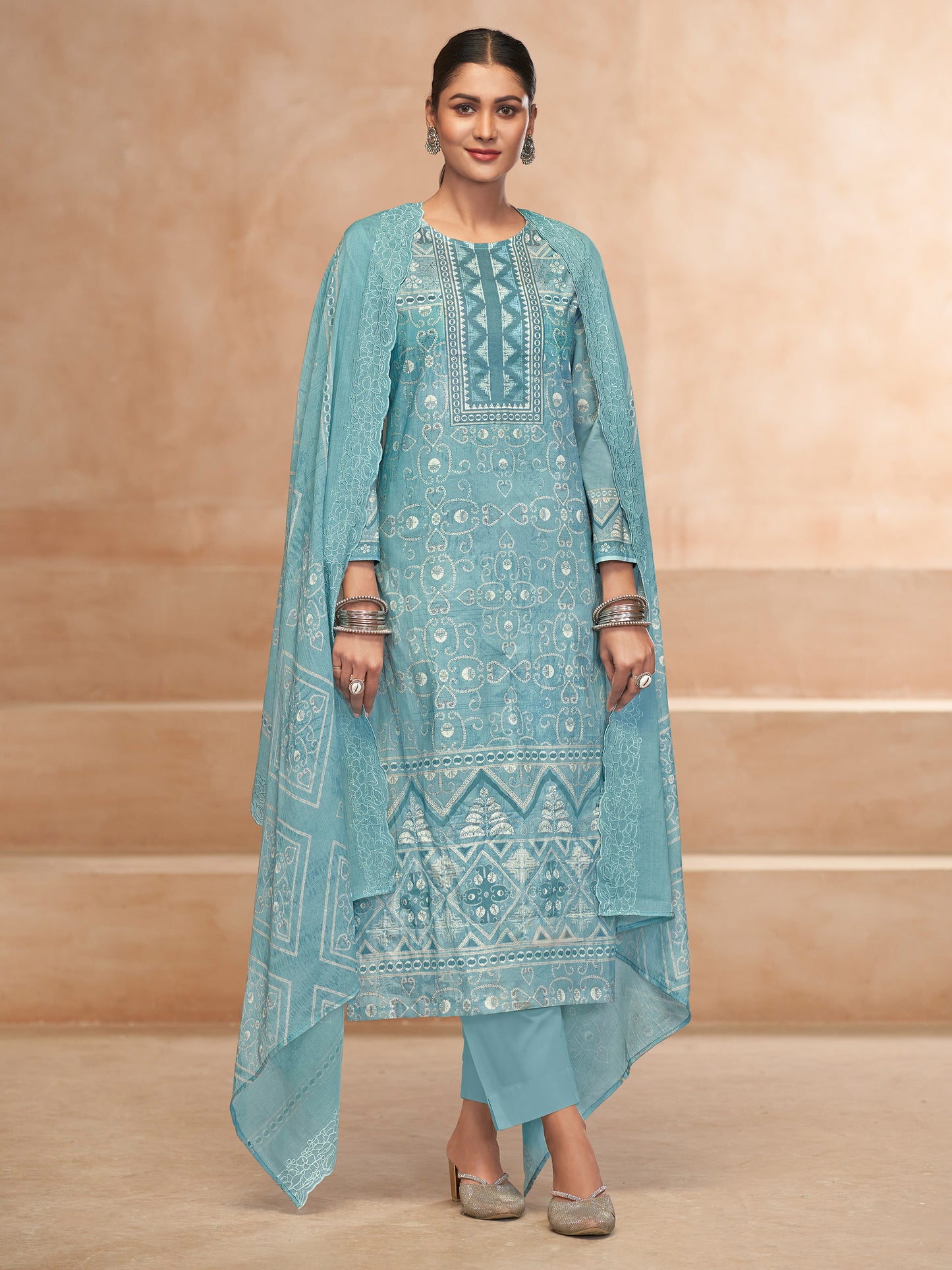 YASHLEEN TURQUOISE BLUE Pure Cotton Unstitched Set with Elegant Handwork