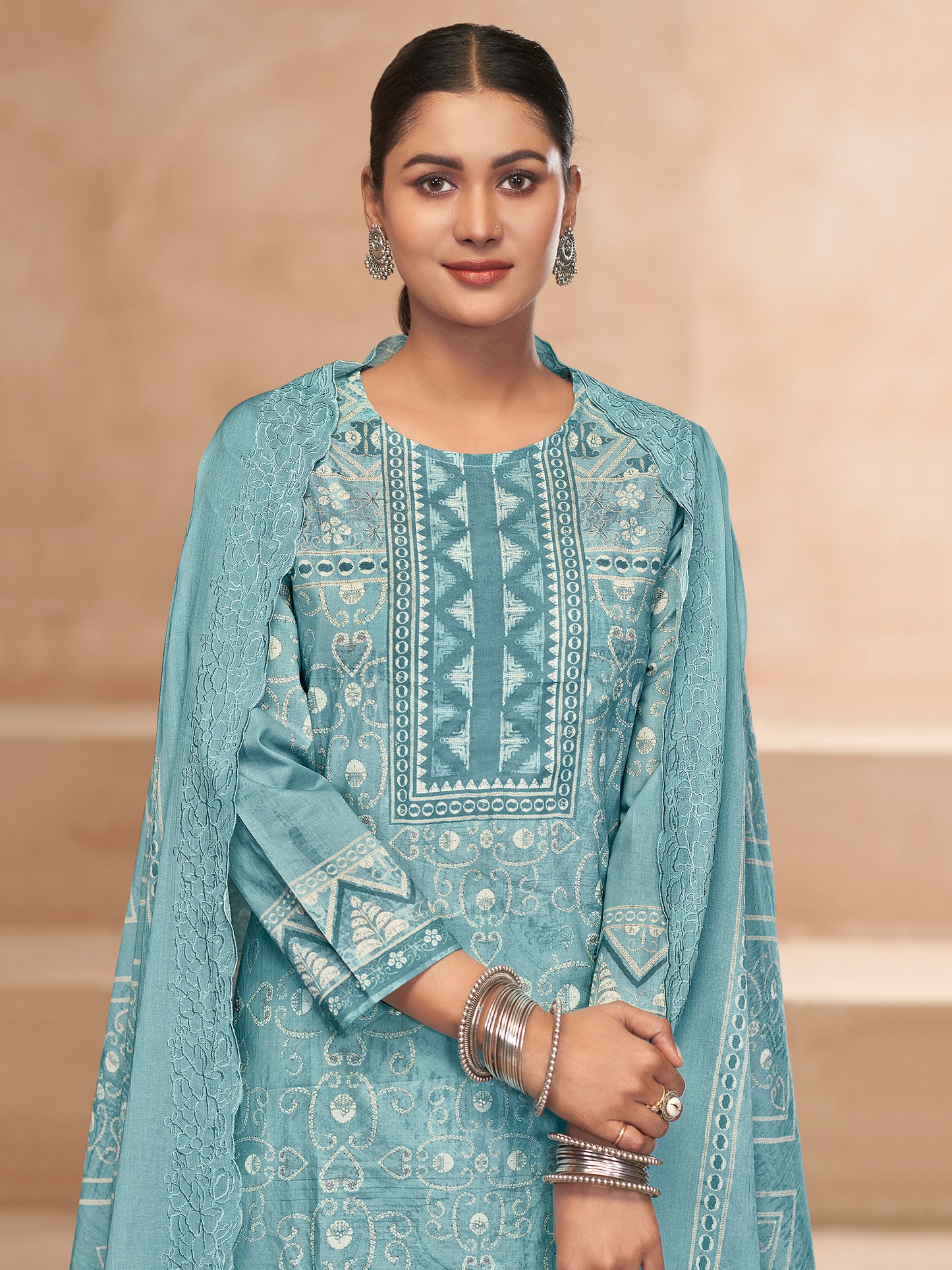 YASHLEEN TURQUOISE BLUE Pure Cotton Unstitched Set with Elegant Handwork