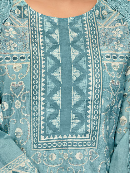 YASHLEEN TURQUOISE BLUE Pure Cotton Unstitched Set with Elegant Handwork