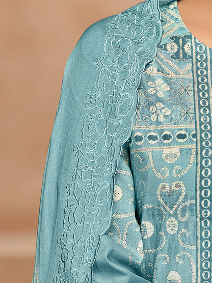 YASHLEEN TURQUOISE BLUE Pure Cotton Unstitched Set with Elegant Handwork