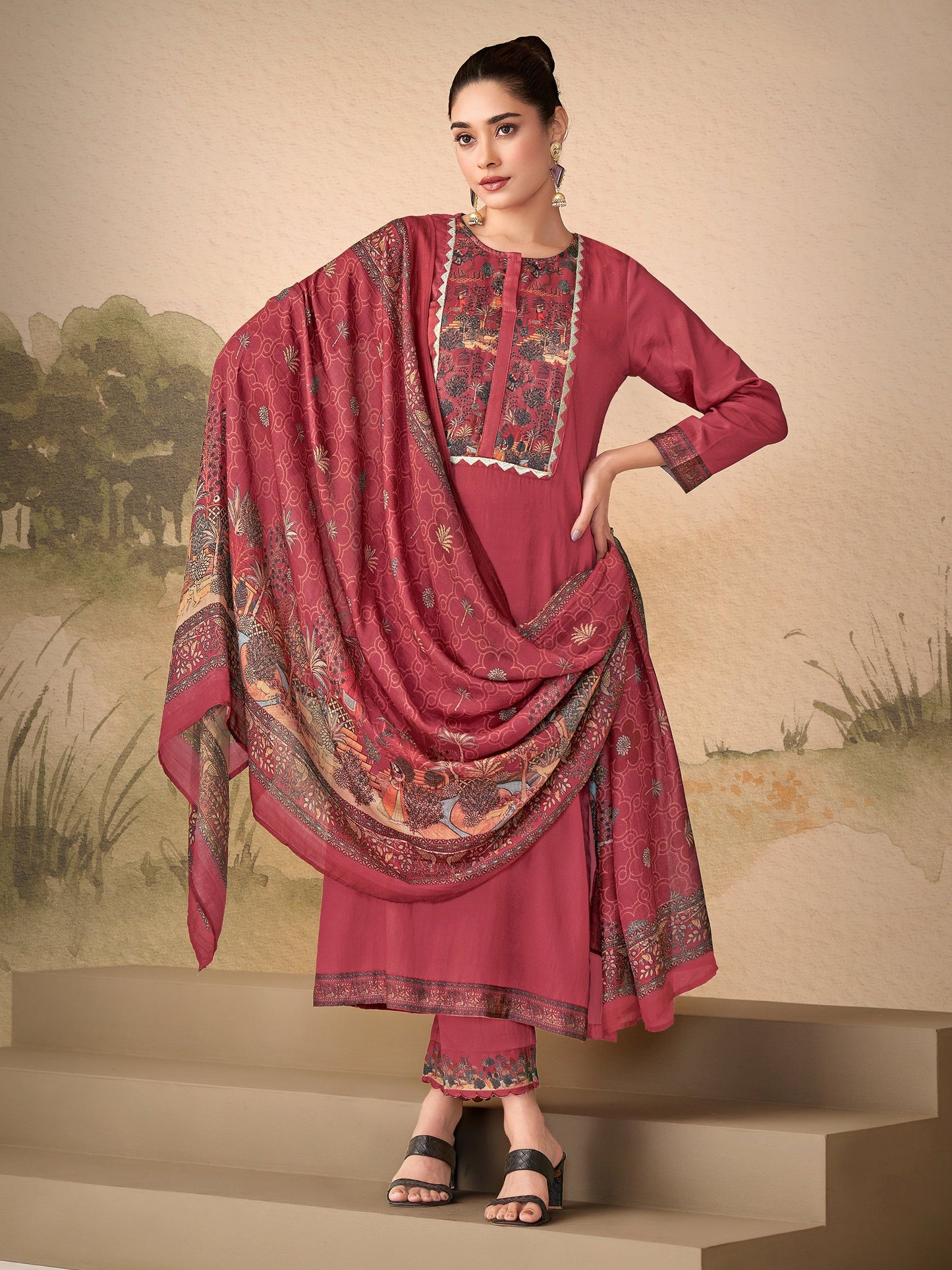 Kiyari Grace Pure Cosmos Satin Kurta Unstitched Set with Dupatta