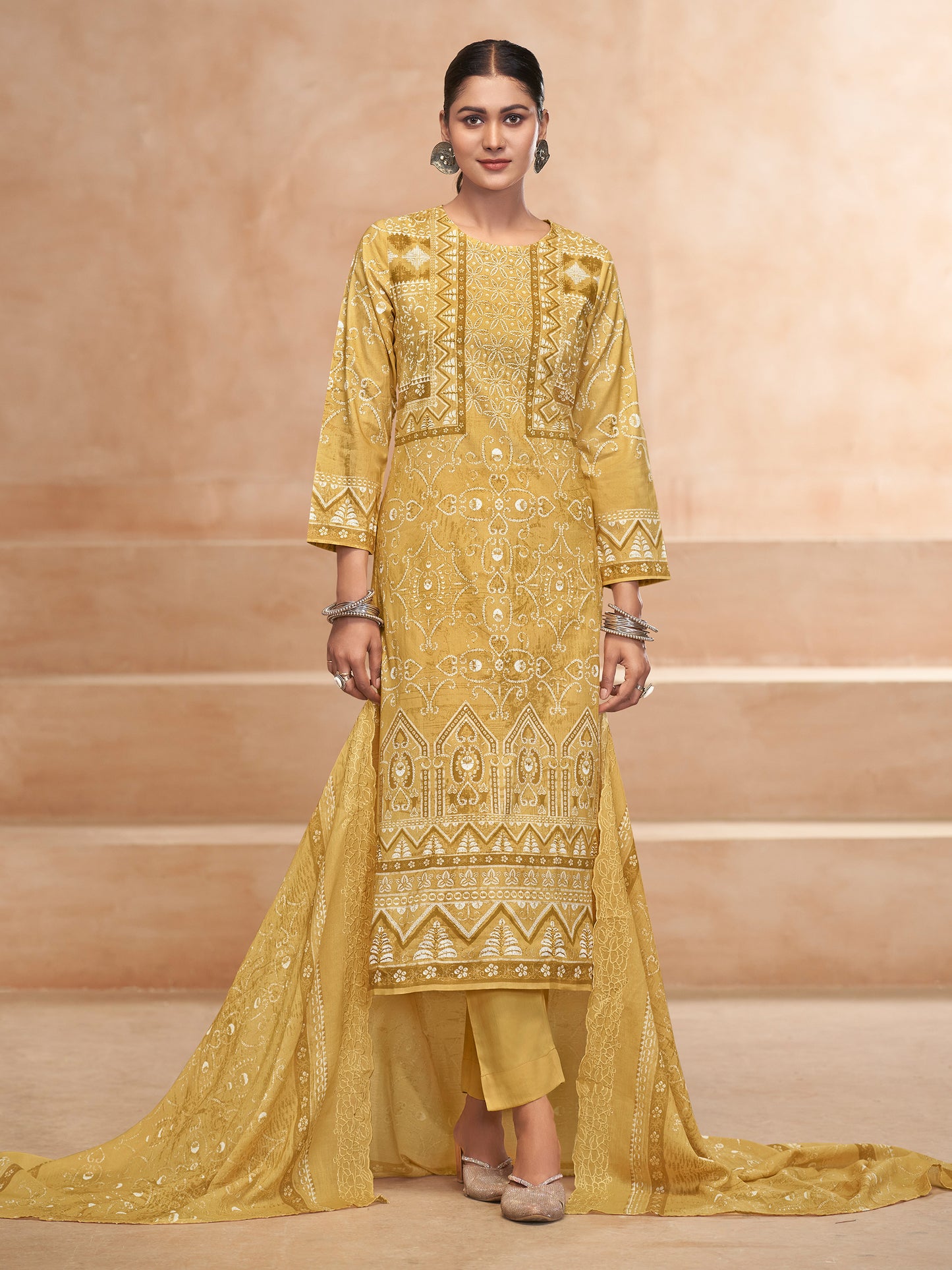 YASHLEEN YELLOW Pure Cotton Unstitched Set with Elegant Handwork