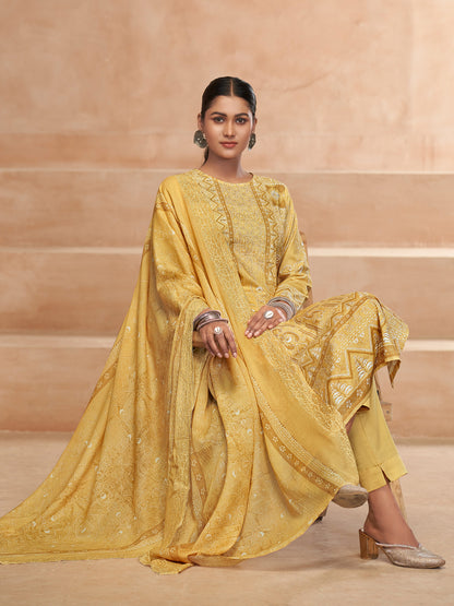 YASHLEEN YELLOW Pure Cotton Unstitched Set with Elegant Handwork