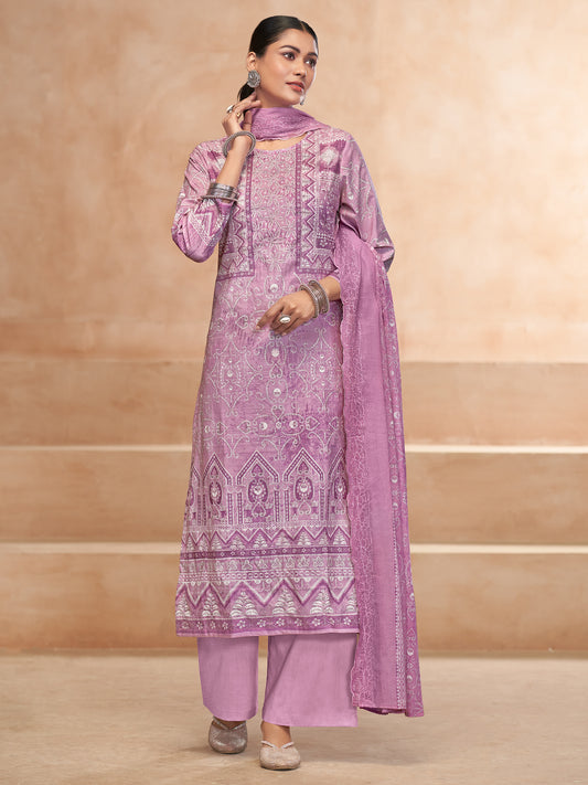 YASHLEEN LILAC Pure Cotton Unstitched Set with Elegant Handwork