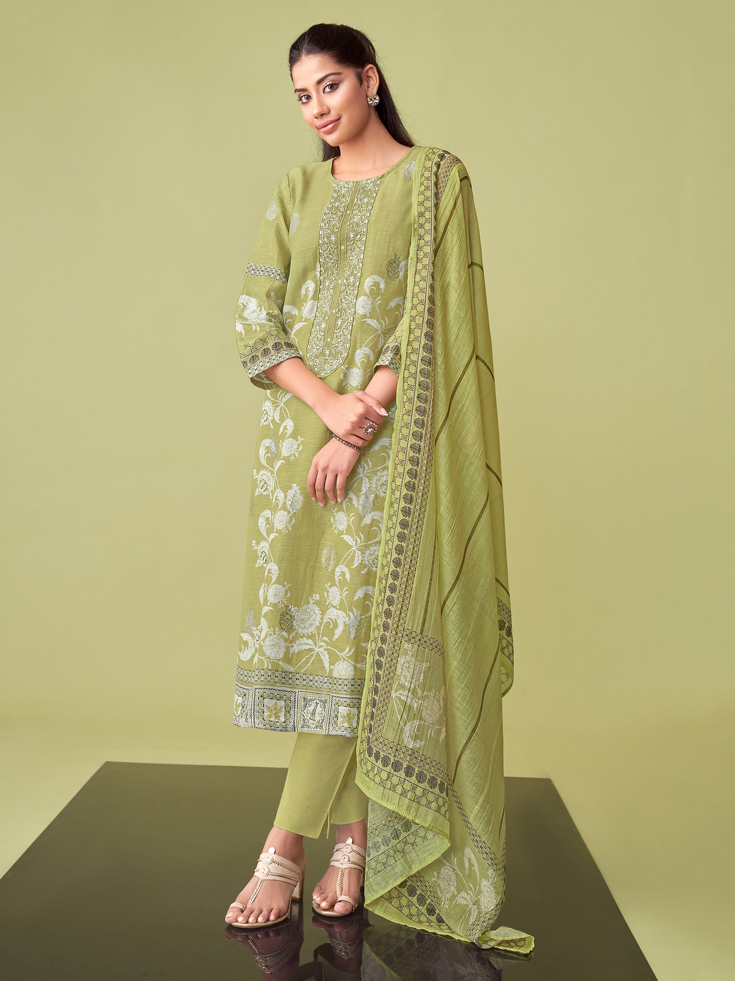 ISHA GREEN Pure Linen Jacquard Unstitched Set with Handwork Elegance