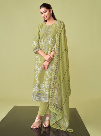 ISHA GREEN Pure Linen Jacquard Unstitched Set with Handwork Elegance