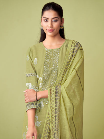 ISHA GREEN Pure Linen Jacquard Unstitched Set with Handwork Elegance