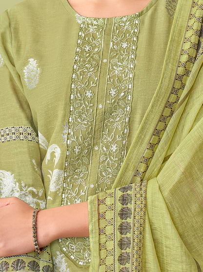 ISHA GREEN Pure Linen Jacquard Unstitched Set with Handwork Elegance