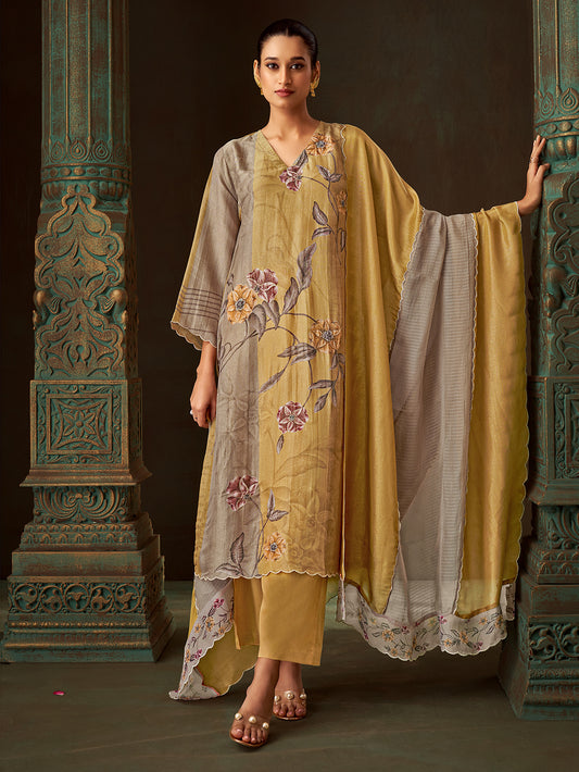 HUSHN Metallic Mehendi - Simmer  Suit Set With  Handwork & Embroidery