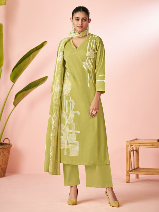 BAHAR GREEN Pure Cotton Unstitched Set with Handwork Elegance