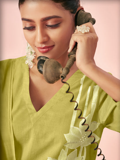 BAHAR GREEN Pure Cotton Unstitched Set with Handwork Elegance