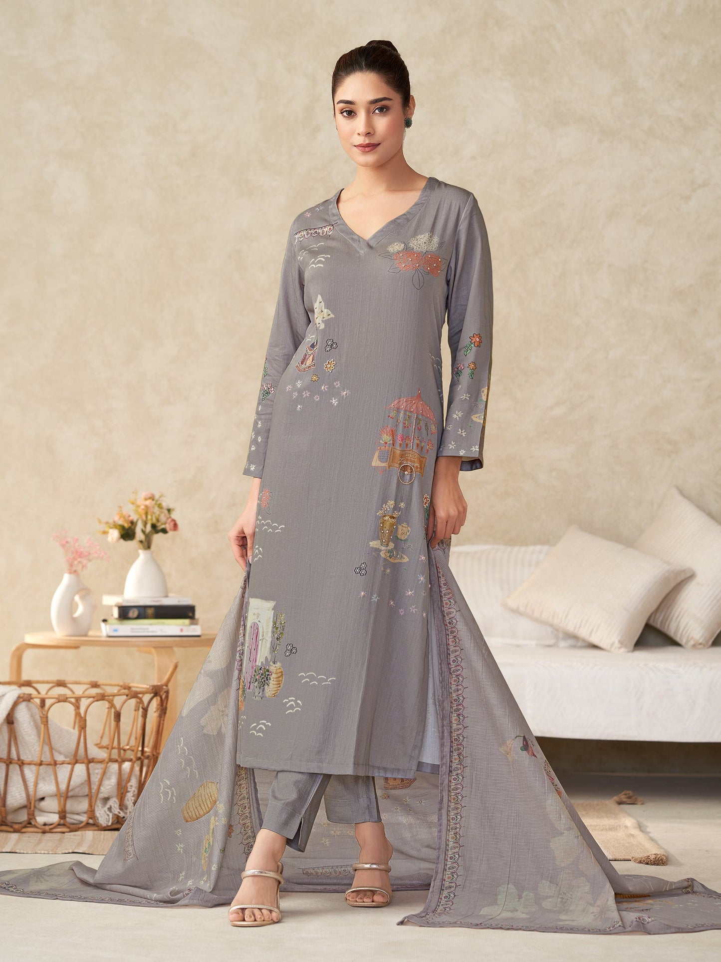 Suhani Grace Pure Italian Satin Kurta Unstitched Set with Dupatta