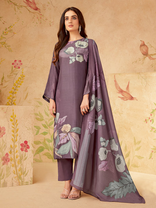 AMIRA WINE Muslin Unstitched Set With Fancy Handwork