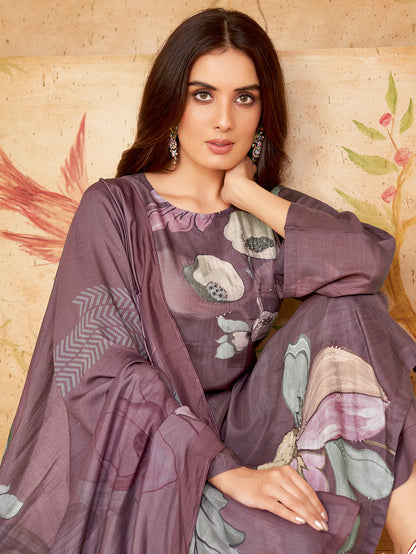 AMIRA WINE Muslin Suit Set With Fancy Handwork