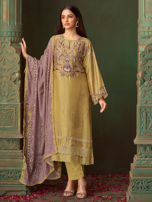 AAYAT Mustard - Russian Unstitched Set With Fancy Handwork & Embroidery