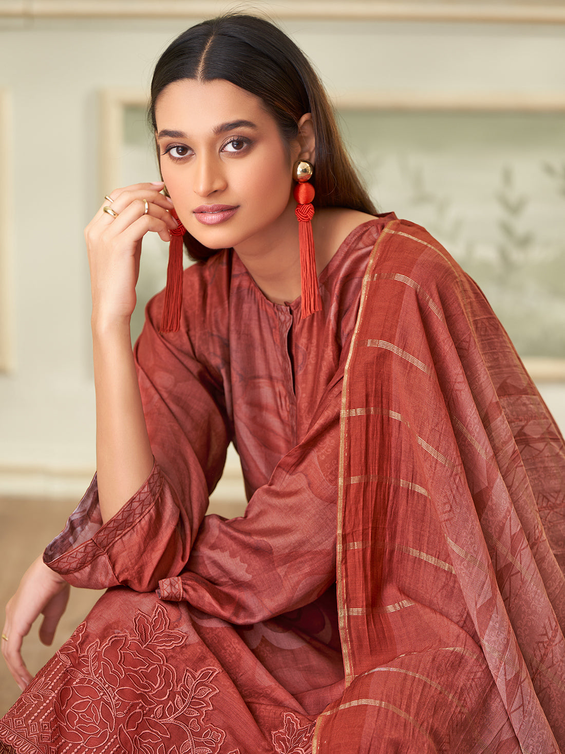 NAILA Maron - Muslin Suit Set With Fancy Handwork & Embroidery