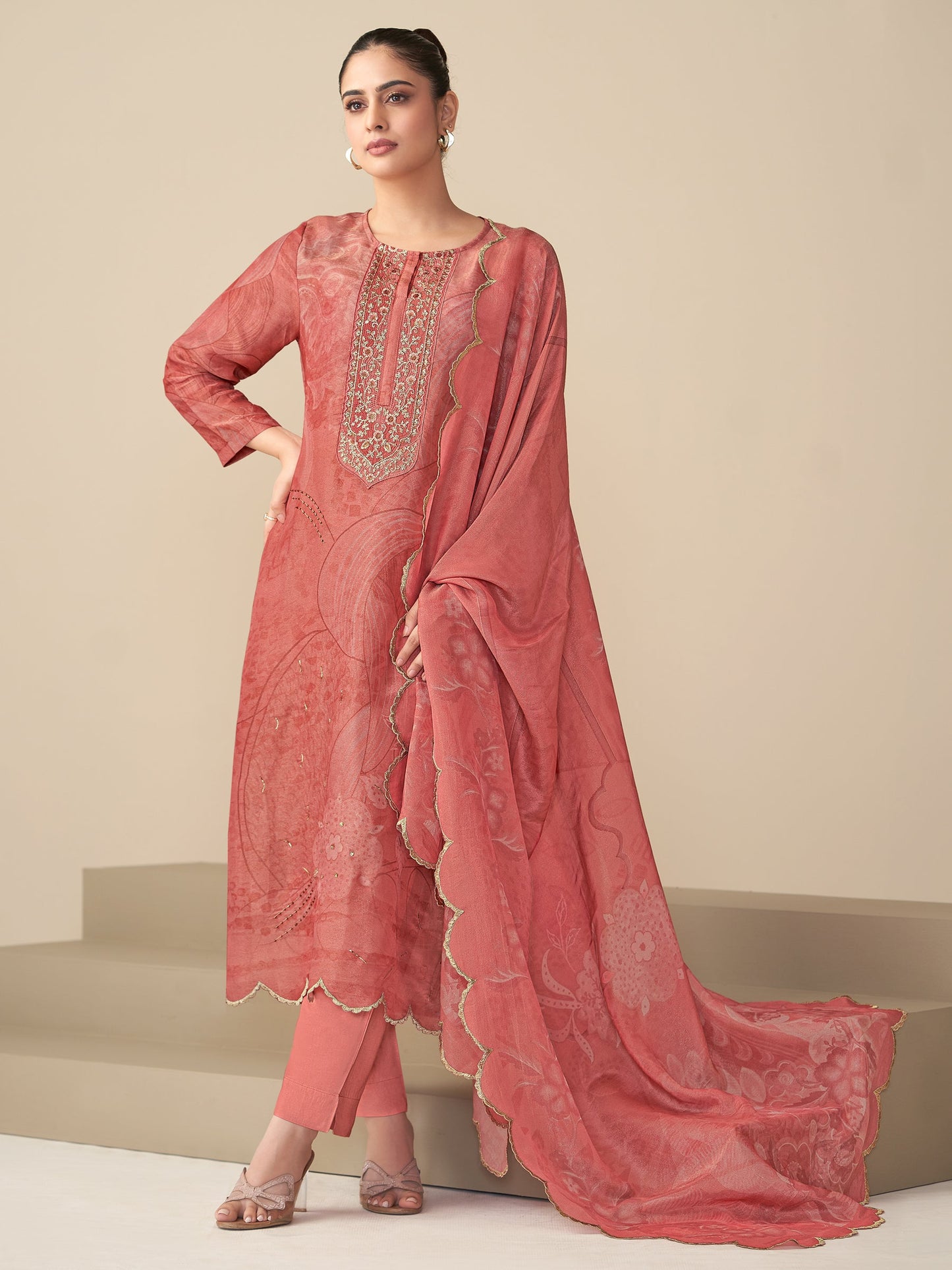 Ramya Luxe Simmer Tissue Kurta Unstitched Set with Dupatta