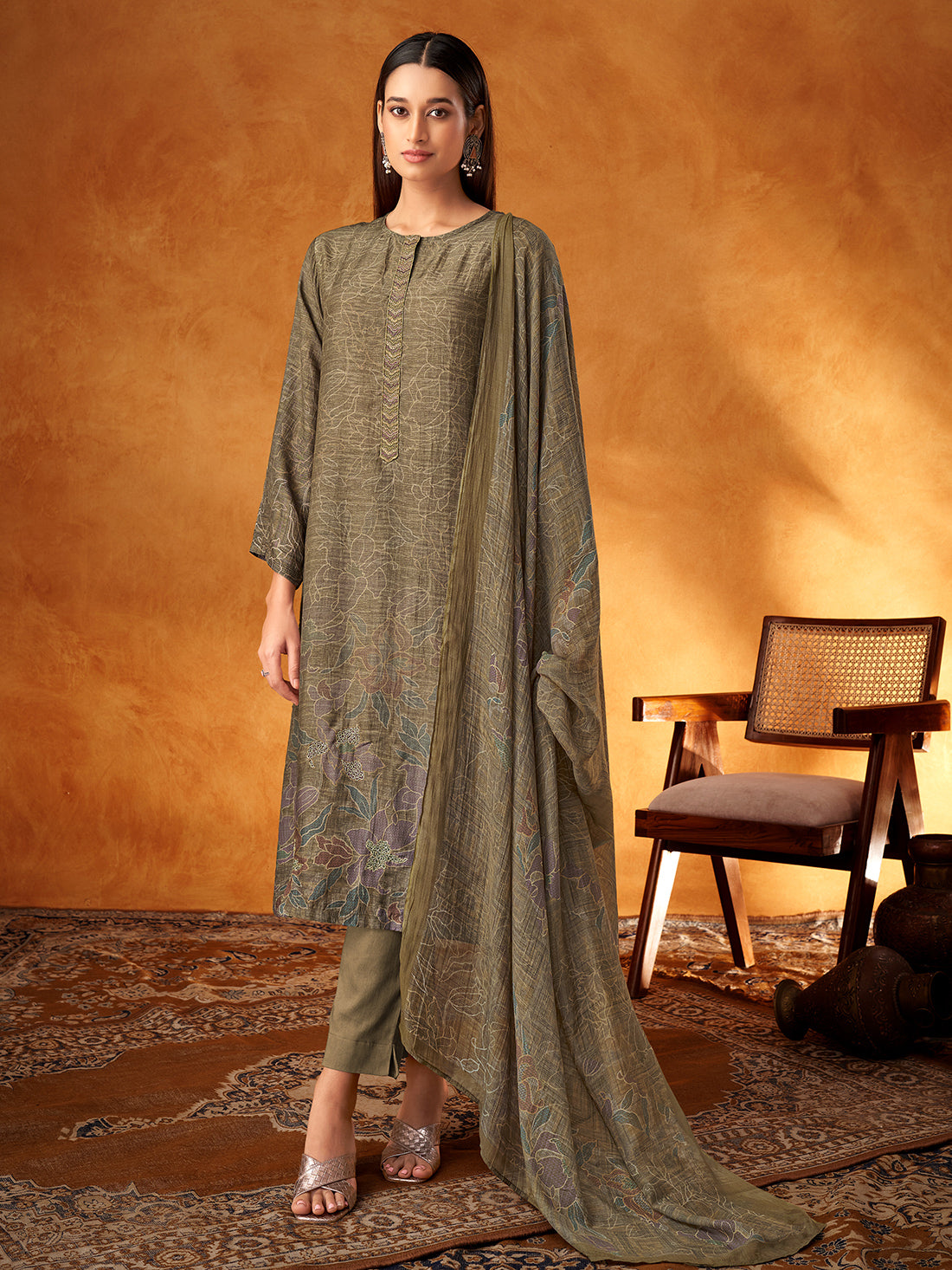 AAROHI Dark chikoo - Muslin Suit Set With  Handwork & Embroidery