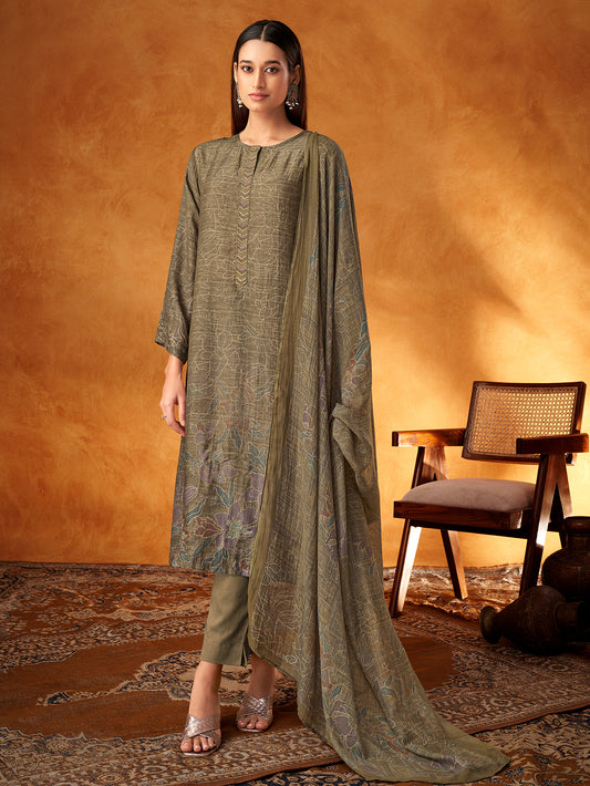 AAROHI Dark chikoo - Muslin Suit Set With  Handwork & Embroidery