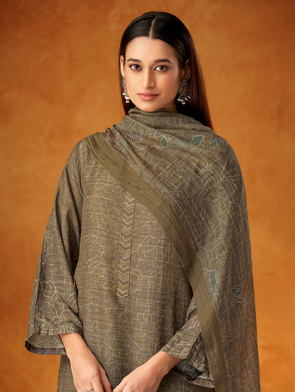 AAROHI Dark chikoo - Muslin Suit Set With  Handwork & Embroidery