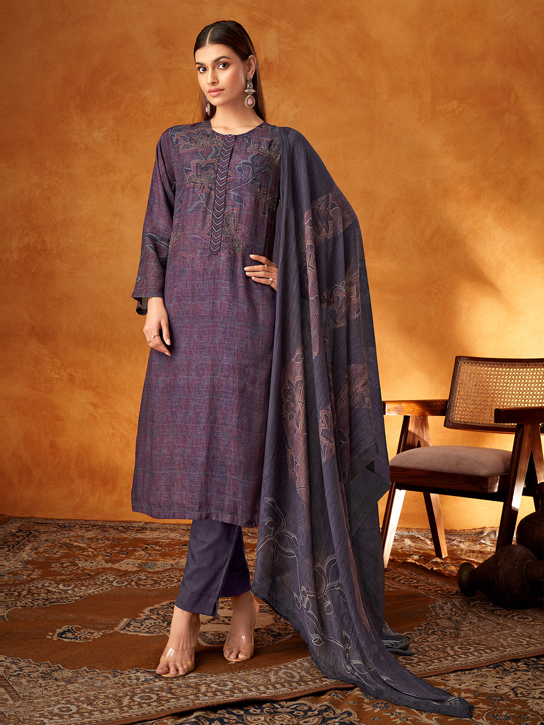 AAROHI Greyish violet -Muslin Suit Set With  Handwork & Embroidery