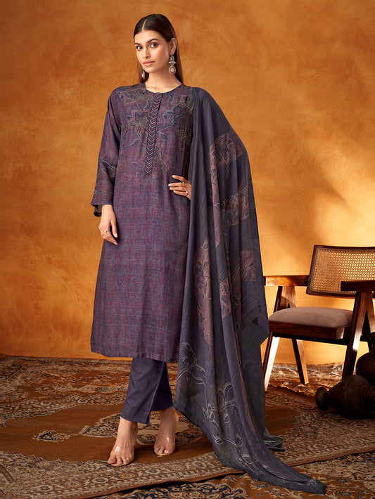 AAROHI Greyish violet -Muslin Suit Set With  Handwork & Embroidery