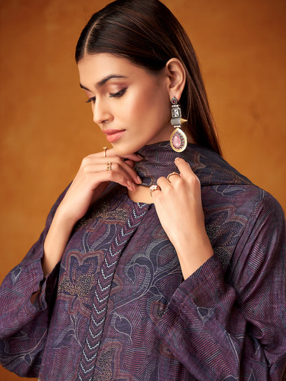 AAROHI Greyish violet -Muslin Suit Set With  Handwork & Embroidery