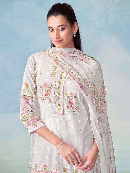 MRUNAL WHITE Pure Cotton Jaquard Unstitched Set with Elegant Handwork