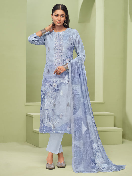 TRIPTI SKY BLUE Pure Linen Jaquard Unstitched Set with Eligant Fancy Handwork