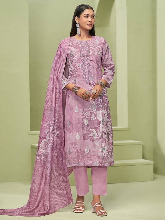 TRIPTI PINK Pure Linen Jaquard Unstitched Set with Eligant Fancy Handwork