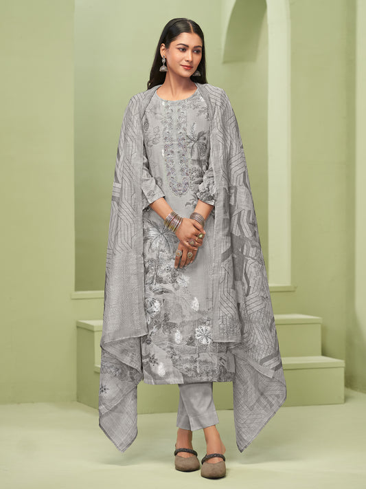 TRIPTI CHARCOL GREY Pure Linen Jaquard Unstitched Set with Eligant Fancy Handwork