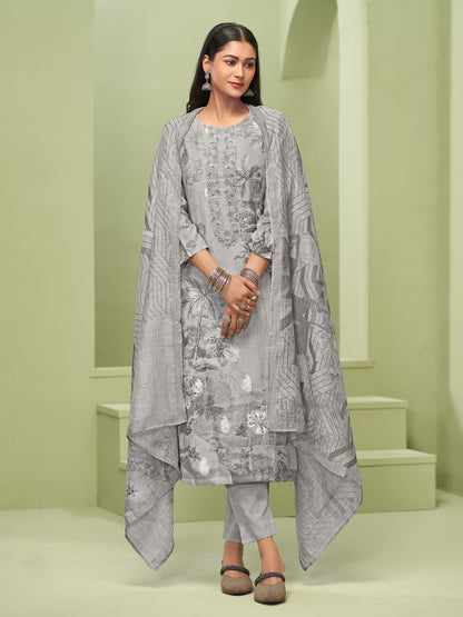 TRIPTI CHARCOL GREY Pure Linen Jaquard Suit Set with Eligant Fancy Handwork