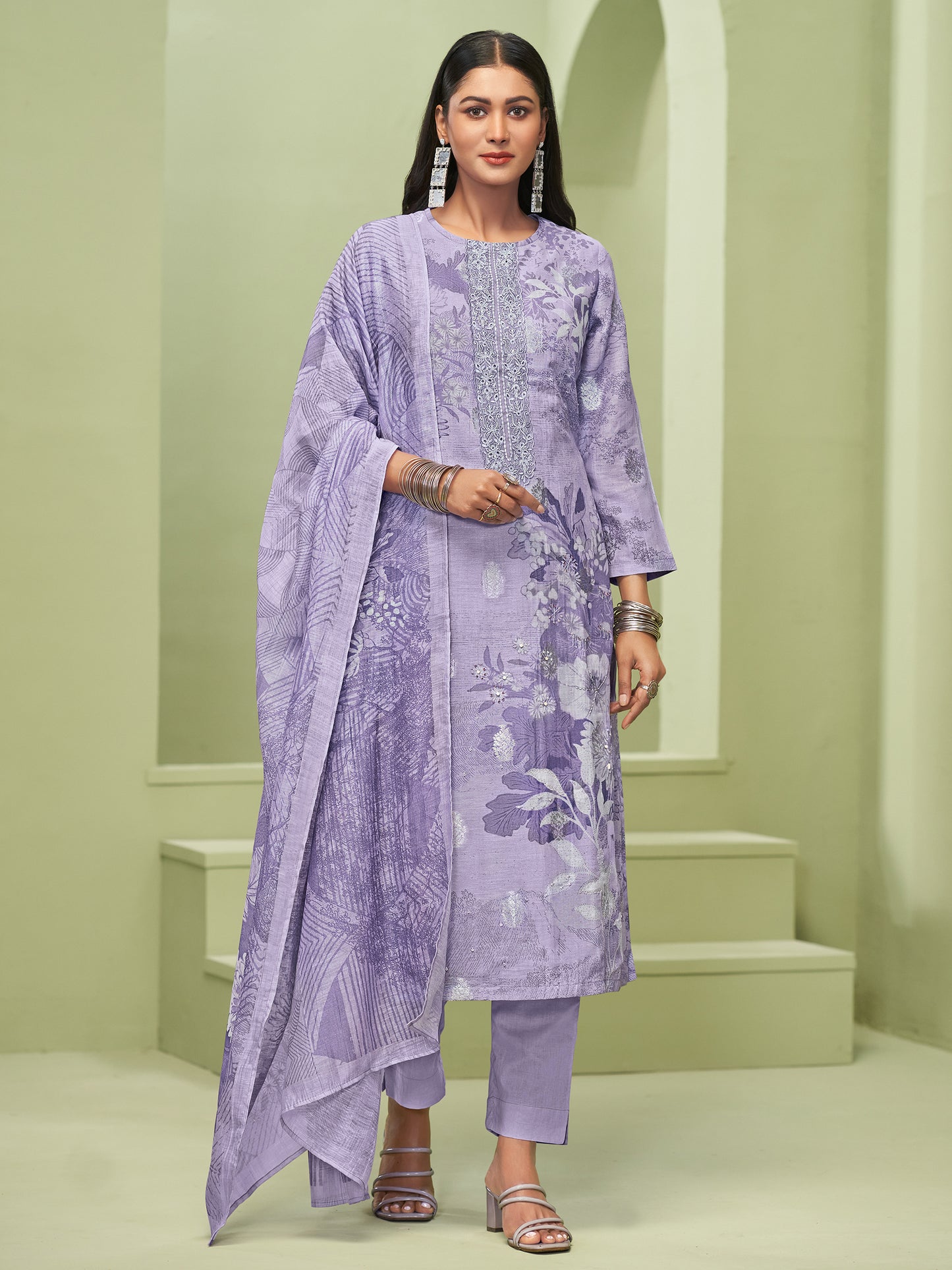 TRIPTI LIGHT PURPLE Pure Linen Jaquard Unstitched Set with Eligant Fancy Handwork