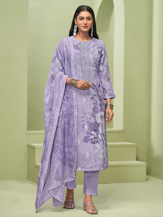 TRIPTI LIGHT PURPLE Pure Linen Jaquard Unstitched Set with Eligant Fancy Handwork