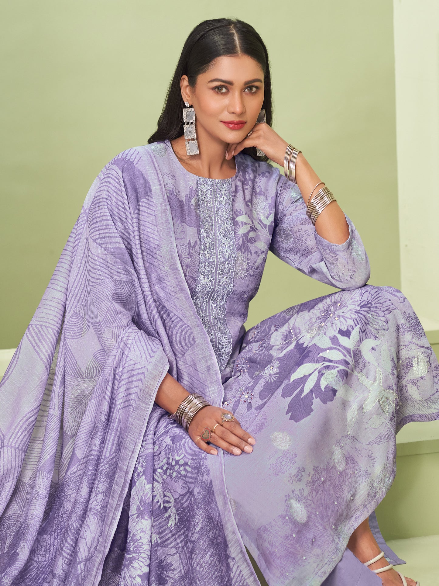 TRIPTI LIGHT PURPLE Pure Linen Jaquard Unstitched Set with Eligant Fancy Handwork