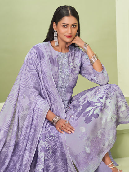 TRIPTI LIGHT PURPLE Pure Linen Jaquard Unstitched Set with Eligant Fancy Handwork