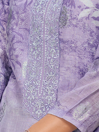 TRIPTI LIGHT PURPLE Pure Linen Jaquard Unstitched Set with Eligant Fancy Handwork