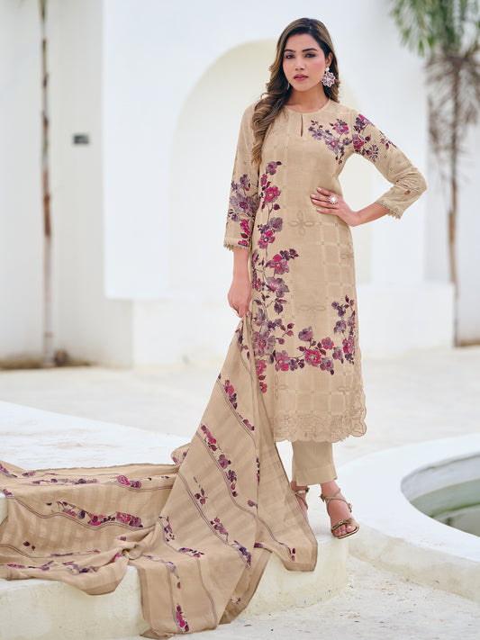 ZAINY SOFT LIGHT BEIGE  Pure Linen Ensemble Unstitched Set with Signature Embroidery, Cutwork & Handwork