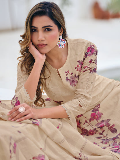 ZAINY SOFT LIGHT BEIGE  Pure Linen Ensemble Unstitched Set with Signature Embroidery, Cutwork & Handwork