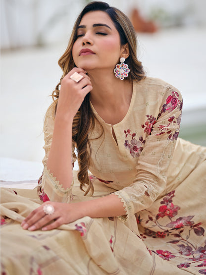 ZAINY SOFT LIGHT BEIGE  Pure Linen Ensemble Unstitched Set with Signature Embroidery, Cutwork & Handwork