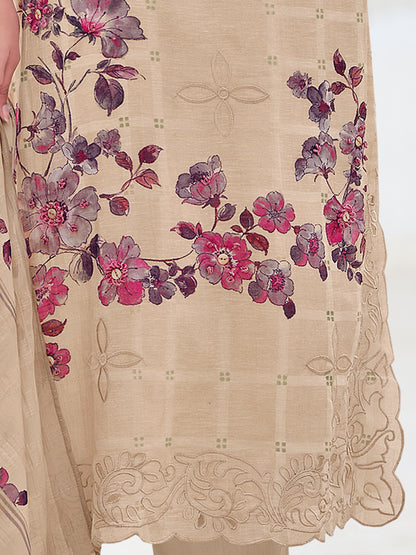 ZAINY SOFT LIGHT BEIGE  Pure Linen Ensemble Unstitched Set with Signature Embroidery, Cutwork & Handwork