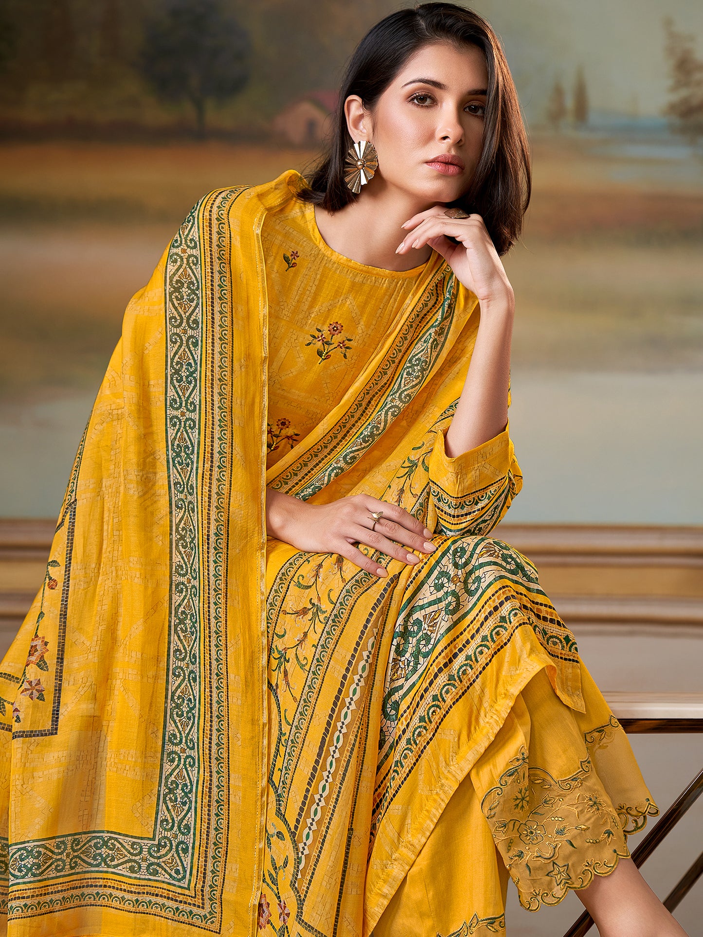 Saaj Elan Pure Musline Silk Kurta Unstitched Set with Dupatta