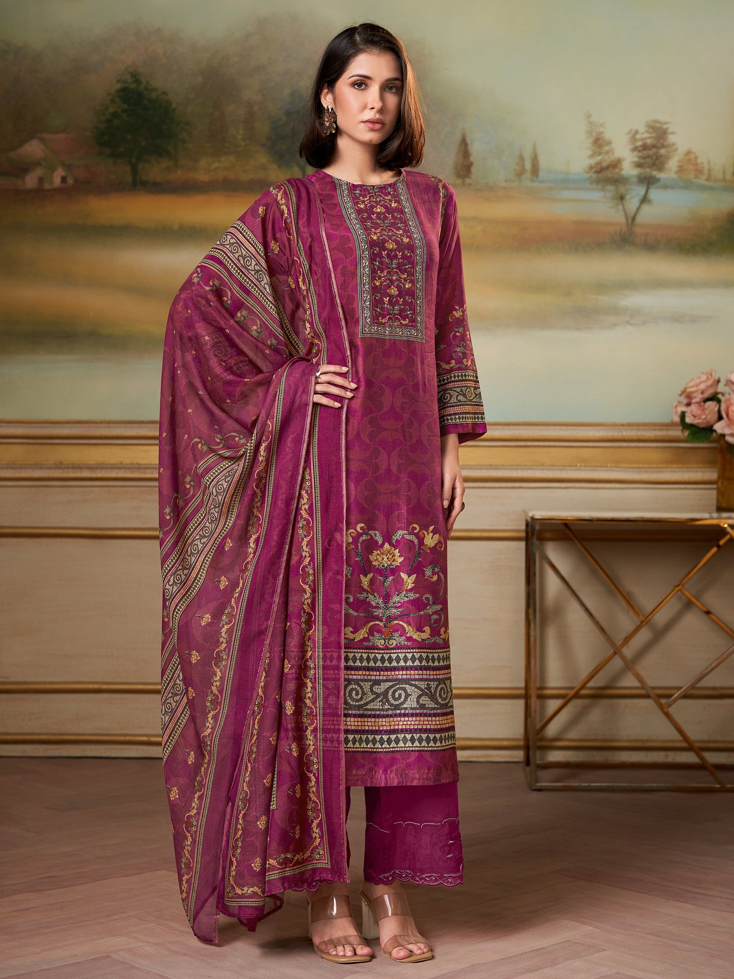 Saaj Elan Pure Musline Silk Kurta Unstitched Set with Dupatta