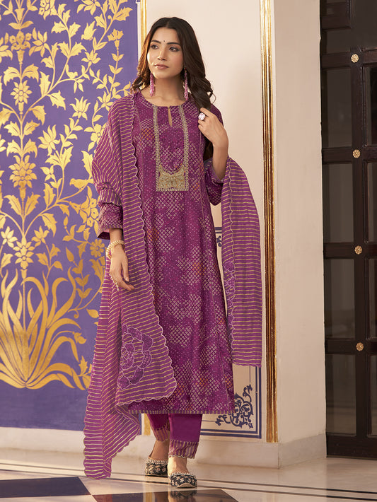 MEGHA Wine Muslin Suit Set With Handwork Threadle With Embroidery Work